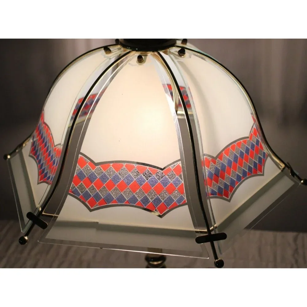 Vtg 1990s White Reverse Printed Checkered Gold Colored Bell Touch Lamp Red White